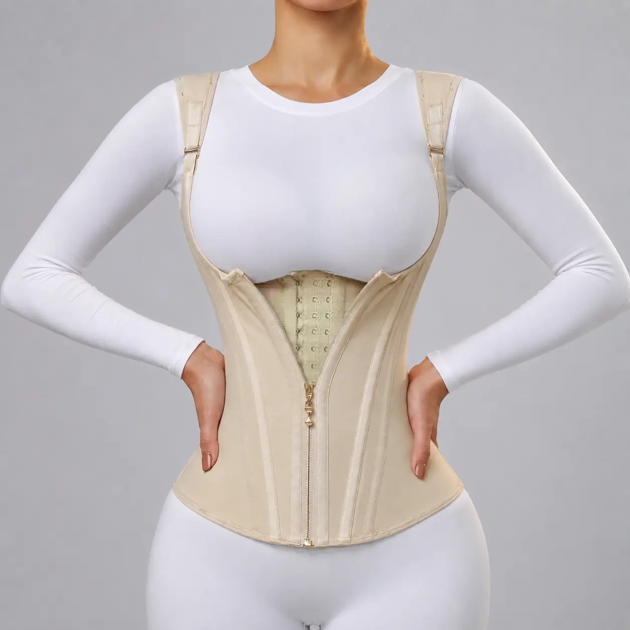 Women's Compression Corset Top Waist Trainer - Breathable Mesh & Nylon High Stretch Body Shaper Vest with Steel Bones, Adjustable Zipper & Hooks for Tummy Smoothing