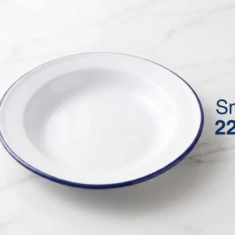 Small 22cm White Enamel Plate with Blue Rim.