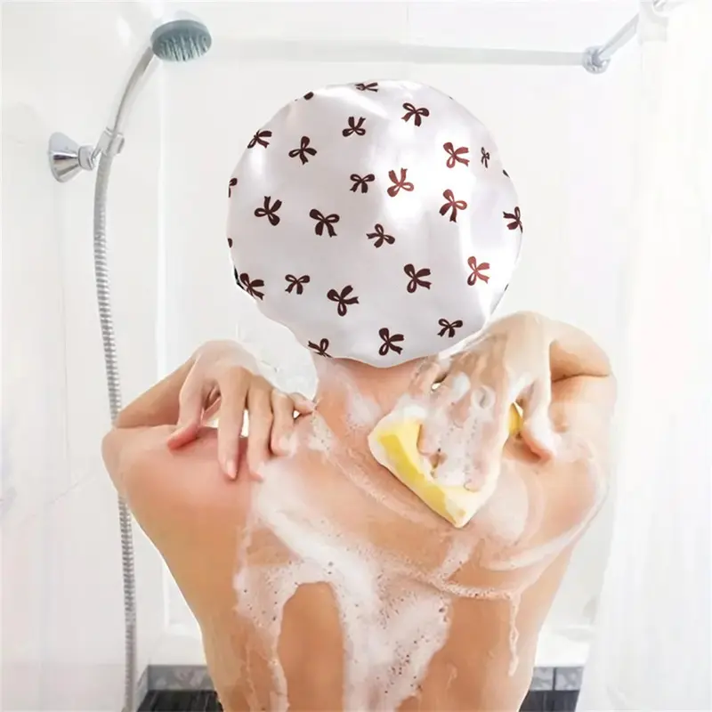Double Layer Waterproof Shower Cap, 1 Count Cute Bowknot Pattern Shower Cap, Bathroom Supplies for Women & Girls, Home Supplies, Shower Essentials, Bathroom Accessory