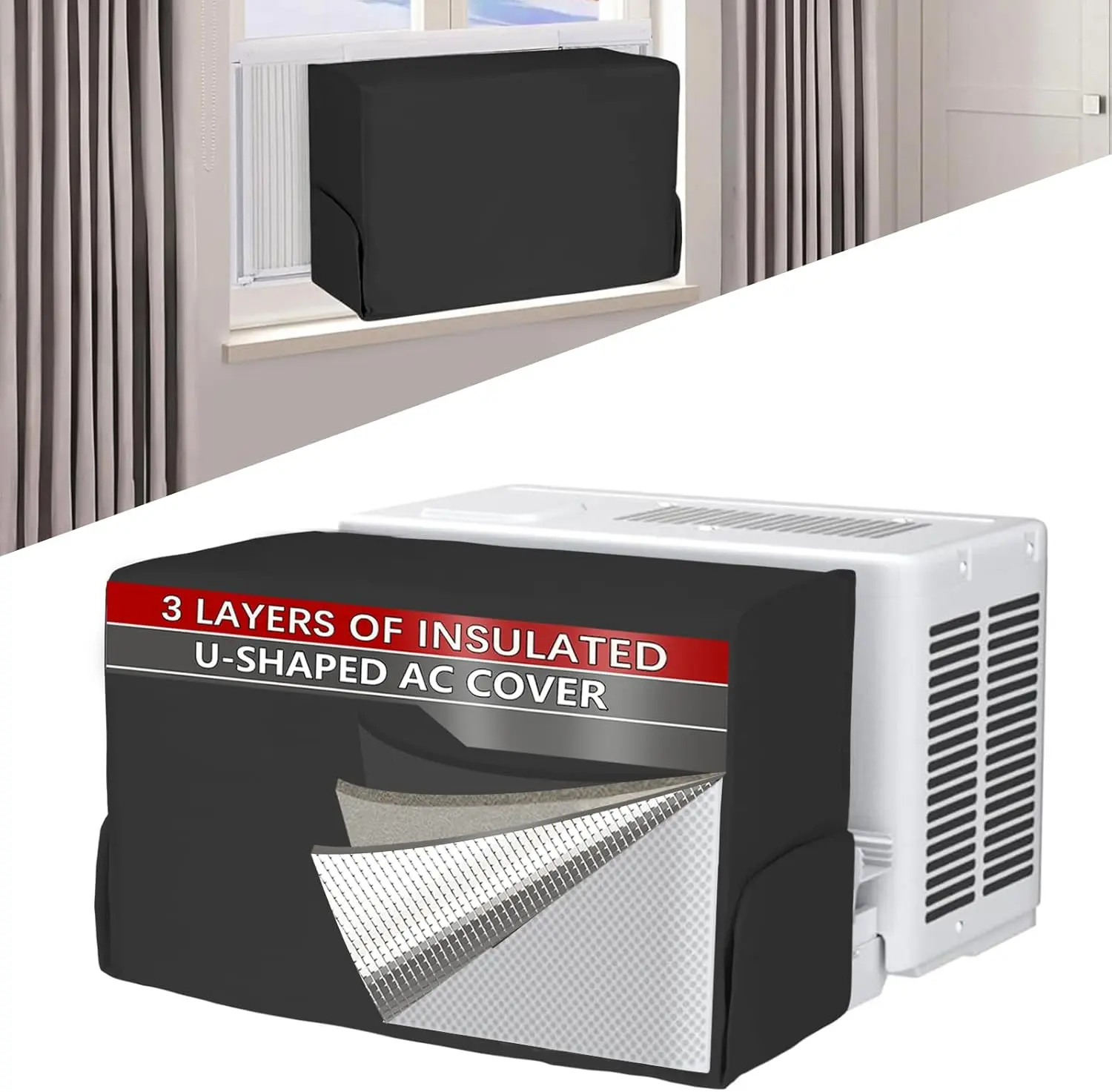Indoor Thermal Air Conditioner Cover, 20"W x 14"H x 6"D, 3-Layer Insulation, Compatible with Midea Window AC (8000/10000/12000 BTU) & U-Shaped Units, Black