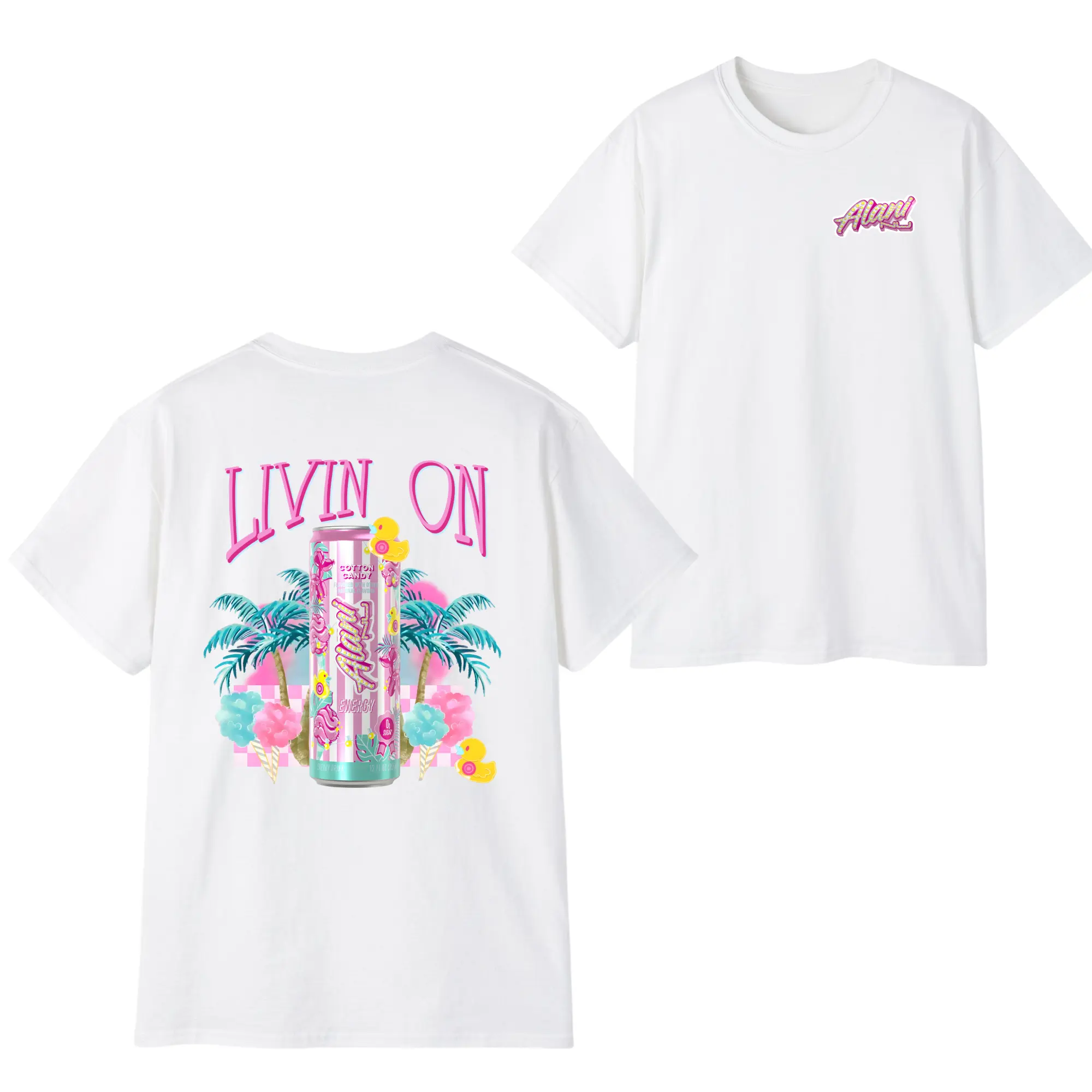 Livin’ on Alani Nu Cotton Candy T-Shirt, Energy Drink Graphic Tee for Men Women, Summer Casual Outfit, Gift for Alani Lovers, Unisex Cotton Streetwear, T-Shirt for Men, Best Clothes for Men, Men’s Shirts Summer, Merch for Men, Men’s Wear Flash Sale