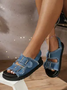 Summer 2026 New Thick Sole Denim Belt Buckle Fashion Sandals, Lightweight Simple Beach Slippers, Large Size Women Boho Style Footwear