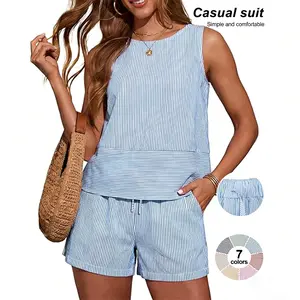 TFNOSIZE Women’s Summer Striped Breathable Casual Two-Piece Set — Tank Top and Shorts Set, Round-Neck T-Shirt, Sleeveless Design, Stylish Matching with Pockets (2026)
