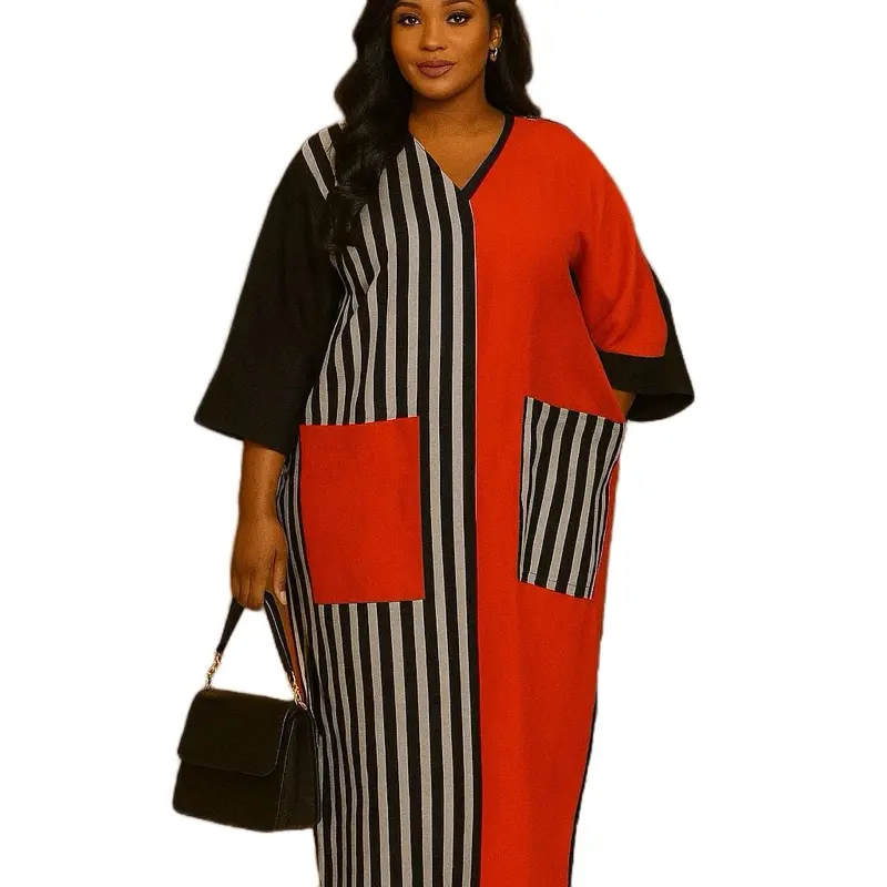 Handmade Elegant Red & Black African Boubou Gown, Aso Oke Boubou Dress: Handmade Nigerian Kaftan with 2 front Pockets, Red & Black Aso Oke Kaftan Dress