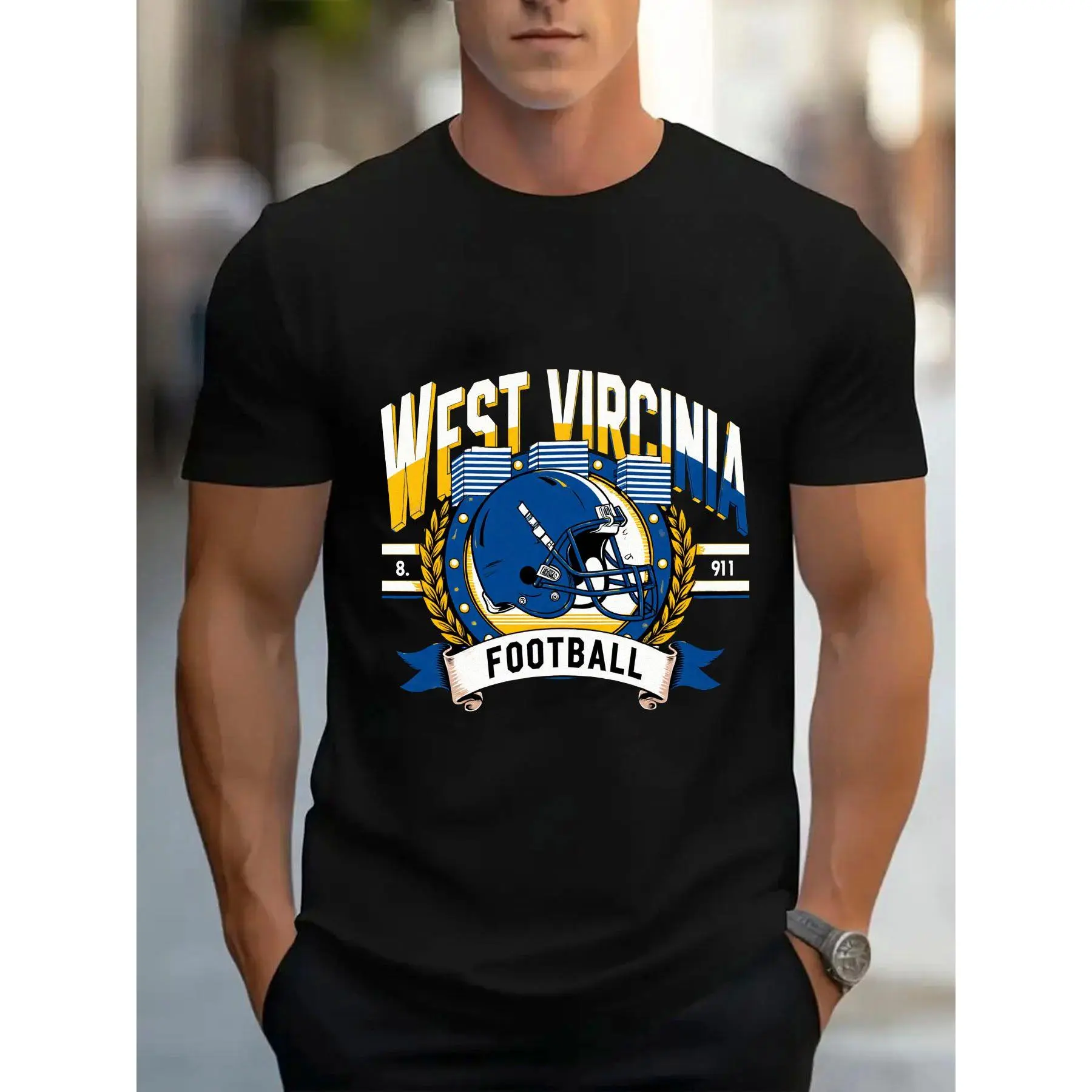 Men'S Stylish T-Shirt Made from 100% Pure, Designed with a Vibrant West Virginia Football Theme in Black, Showcasing Yellow And Blue Lettering, a Blue Helmet, And a White Banner. It'S Soft And Comfortable