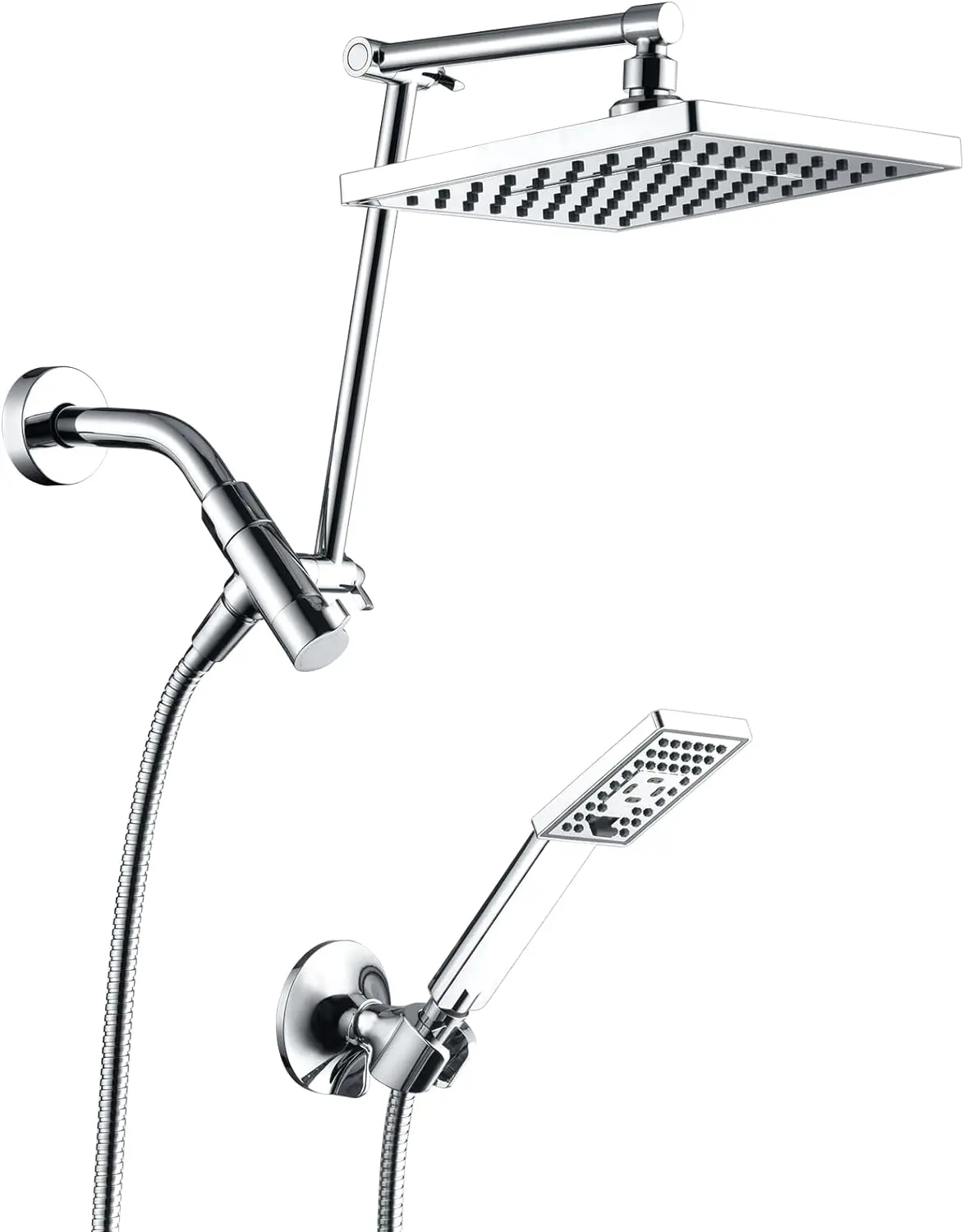 BRIGHT SHOWERS High Pressure Rain Shower Head Combo with Double Extension Arm, 8 Inch Rainfall Shower Head with Handheld Spray