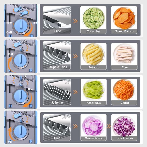 【ONCE FOR ALL】 Multi-functional Vegetable Slicer with 4 Modes Shredding Matchstick Slicing Dicing Adjustable Thickness 0.1-8mm Stainless Steel Blades Safe Healthy Kitchen Tool Dicer Shredder Modern Cut，Spring picnic / Gifts / Portable