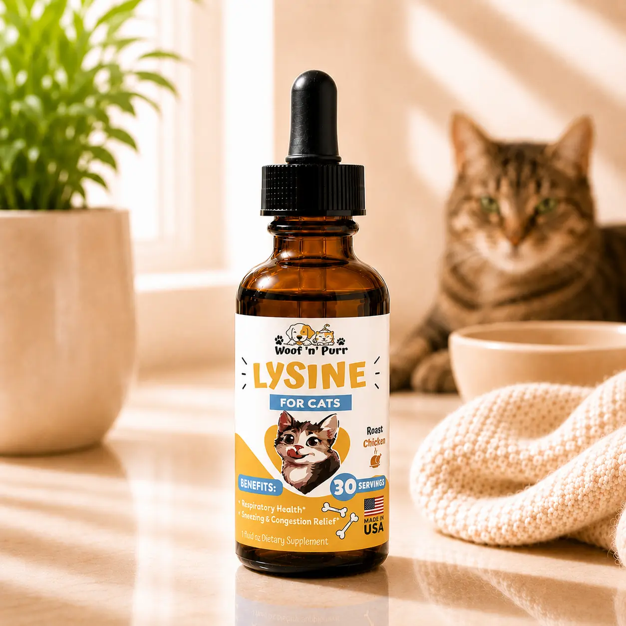 Lysine for Cats – Respiratory & Immune Support Supplement | 30 Servings | Woof 'n' Purr