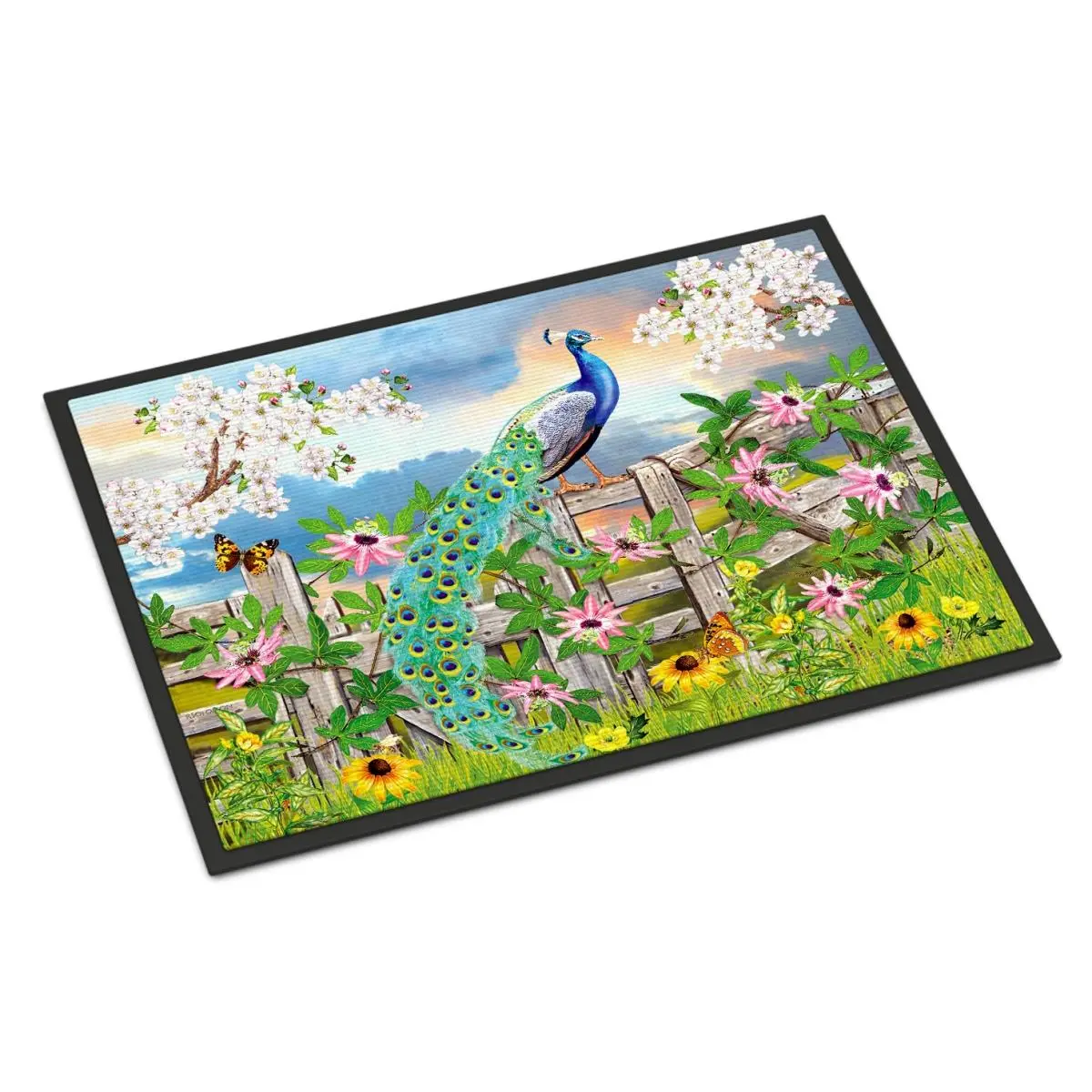 212 MAIN Vibrant Print Indoor Outdoor Rug, 24x36 in, Peacock Scene Garden Fence Design, Weather-Resistant Fade-Resistant Rubber-Back Dual-Use Textile Mat, Indoor Outdoor Rugs