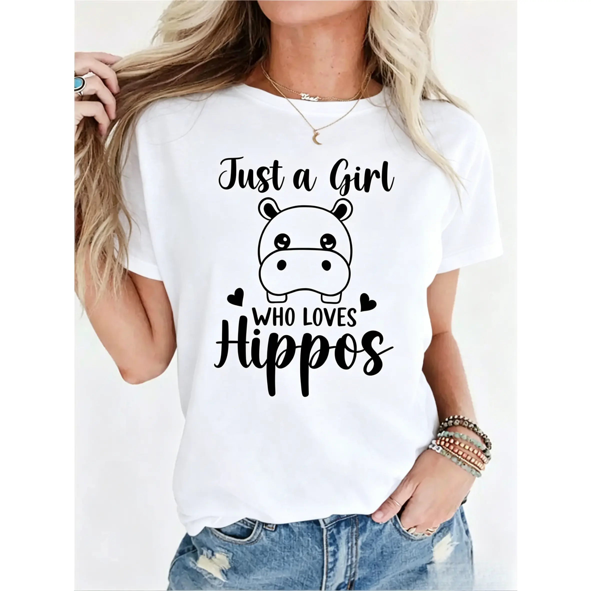 Women's Cute Funny Hippo Graphic Print T-Shirt - 100% Cotton, Short Sleeve, Breathable, Minimalist Fit, Oversized Casual Top, Animal Theme, Heart Design, Birthday Gift Option
