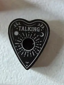 Talking Planchette Spell Candle Holder - Candle Not Included, Black Heart-Shaped Design with White Text and Sun Moon Symbols