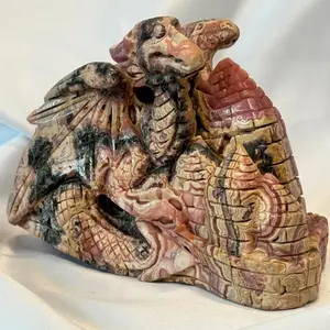 Handcarved Rhodocrosite Dragon and Castle