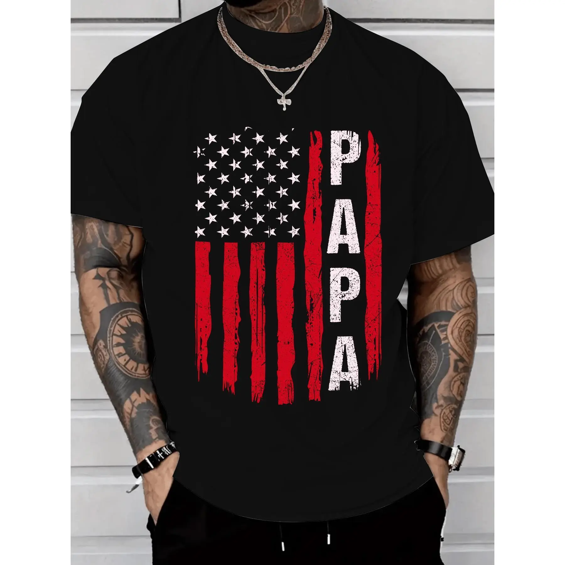 Men's Relaxed Fit Cotton T-Shirt with Papa American Flag Graphic, Casual Short Sleeve Patriotic Top for Grandfathers
