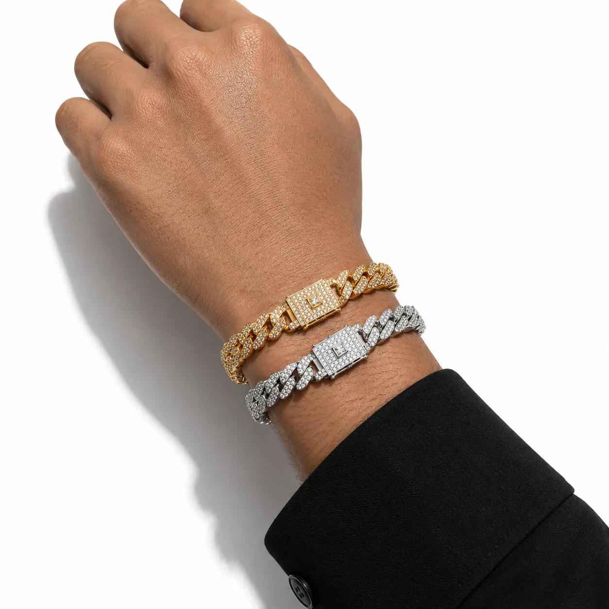 Men's Hip-Hop Luxury Rhinestone Cuban Link Bracelets Set - Silver, Gold, AAA+ CZ Shine, Skin-Safe Metal, Cuban Style & Silver Rhinestone Chain Bracelets & Bangles, Costume Fashion Jewelry Accessories, Cuban Style Chain Bracelets & Bangles, Diamond Iced Ou
