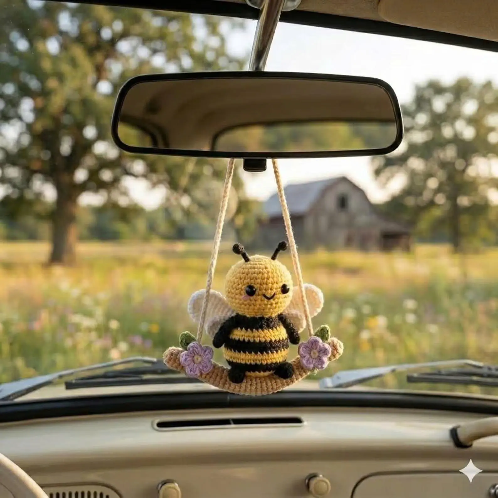 Swinging Sunshine Crochet - Bee Car Hanging Decor with Cute Wings - Handmade Amigurumi Spring Awakening Ornament Set