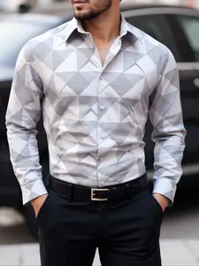 Men's Geometric Triangle Pattern Dress Shirt – Modern Grey Tones for Stylish Business & Smart Casual Looks
