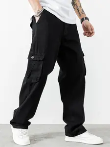 Men's Solid Flap Pocket Cargo Jeans, Loose Casual Street Fashion Denim Pants for Daily Wear, Plain Denim Trousers, Men's Trousers for All Seasons