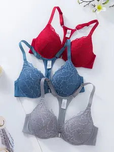 3-Piece Women's Lingerie Set, Lace Front Buckle Bra, Underwire Backless Push-Up Bustier, Medium Support, All-Seasons Wear