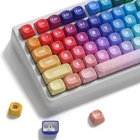 WOMIER 131-Keys PBT Plastic Keycaps, MOA Profile, Dye-Printed Dye-Sublimation, Fade-Resistant Vibrant Rainbow Colors, Rounded Finger-Friendly Edges, Smooth Stable Typing Ease, Durable for 61/68/84/87/98/100 Cherry MX Mechanical Keyboards, Cute Icons