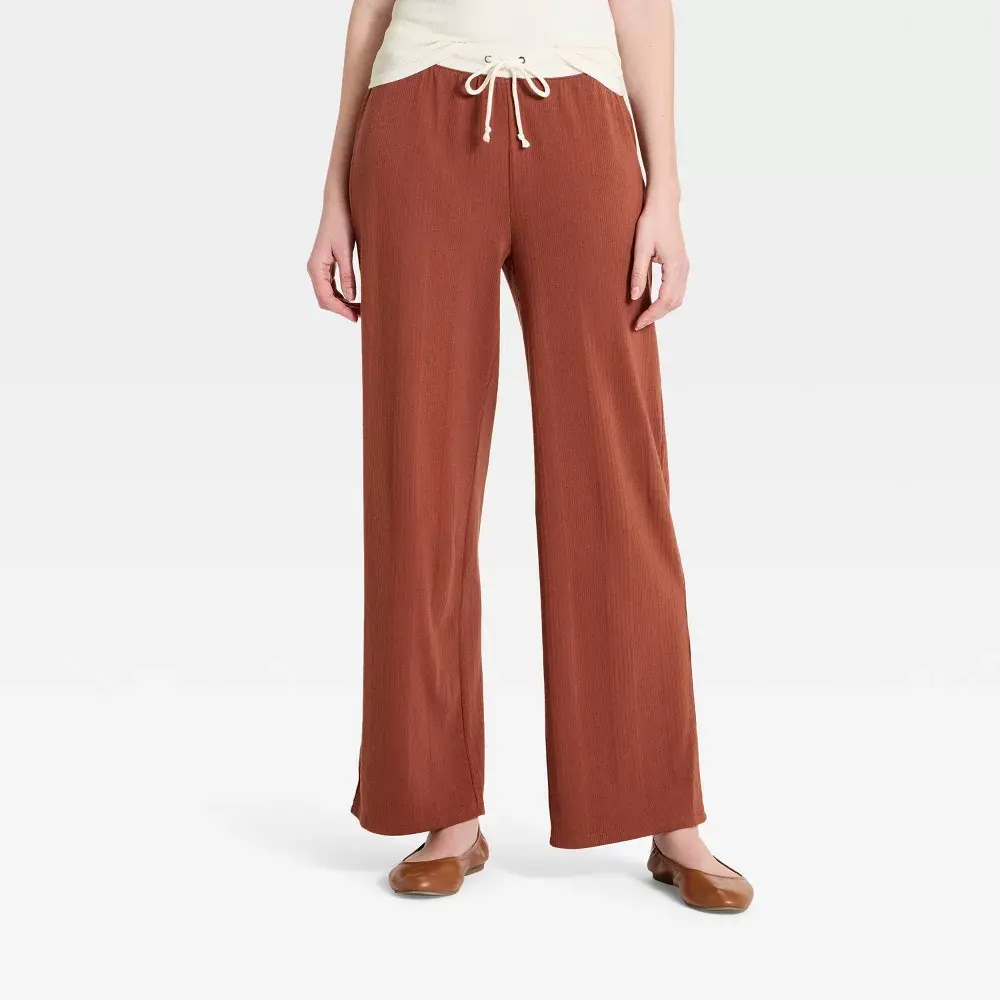 Women's Mid-Rise Rib Knit Full Pull-On Pants - Universal Thread Rust