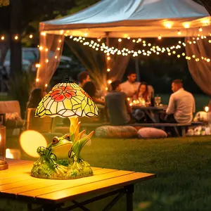 Vintage Frog Stained Glass Night Light - Aesthetic Colorful Flower Shade Accent Lamp - Cute Animal Desk Decor for Cottagecore Room, Unique Bedside Mood Light