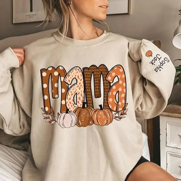 Personalized Fall Mama Pumpkin Sweatshirt with Kids' Names on Sleeve, Custom Fall Thanksgiving Shirt for Mom, Autumn Sweater, Pumpkin Season Sweater