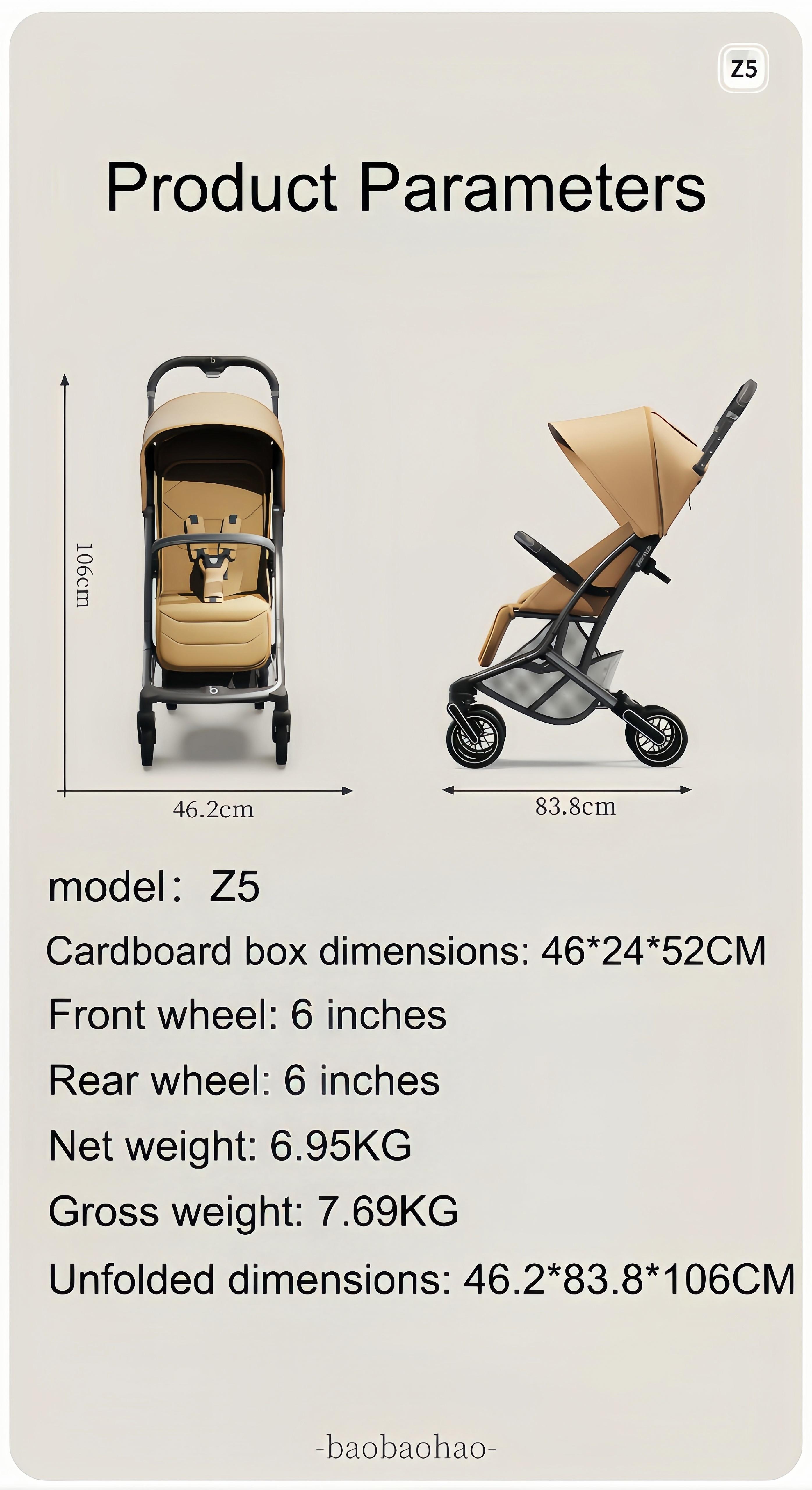 Baobaohao Z5 – Lightweight baby stroller with four shock-absorbing wheels, one-button folding, breathable mesh fabric canopy, suitable for air travel for newborns
