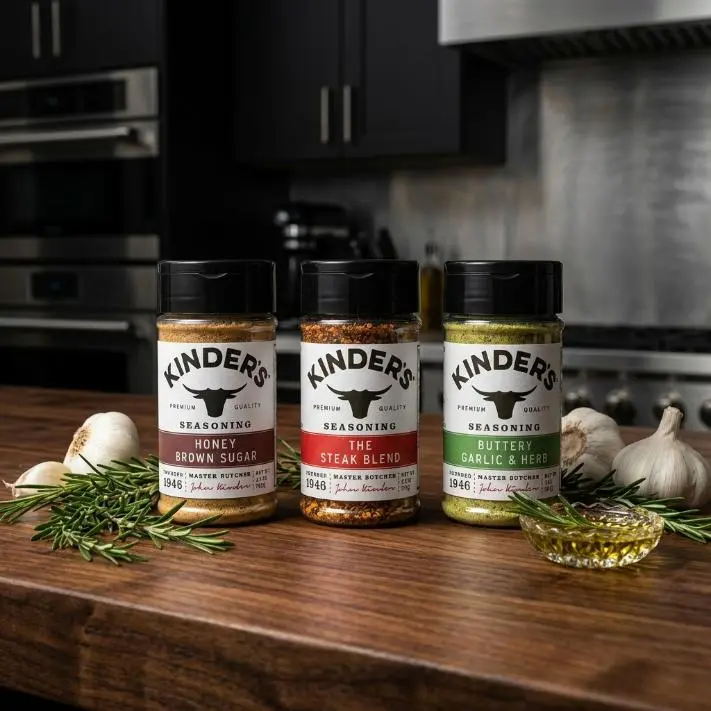 Variety Pack of 3 Kinders Seasoning Blends, Honey Brown Sugar 2.9 oz, Steak Blend 2.5 oz & Buttery Garlic & Herb 2 oz