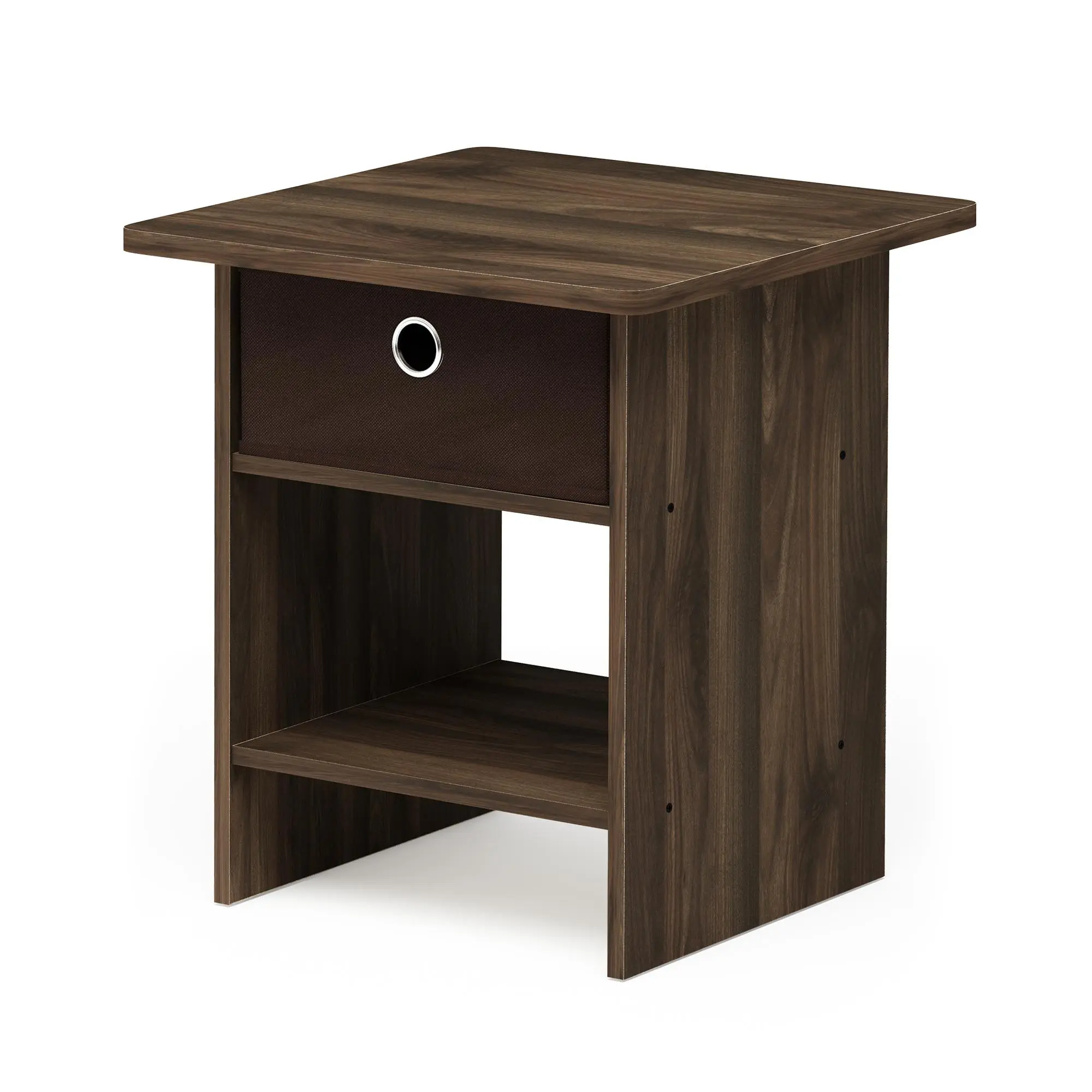 DARIO Child-Safe Easy End Table - Brown-Toned Nightstand with Storage Shelf & Bin Drawer (Columbia Walnut/Dark Brown), Easy Assembly for Bedrooms, Living Rooms, Child-Safe End Tables, Brown-Toned End Tables