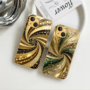 Meiya Luxury Gold-Plated Edge Case Liquid Swirl Glitter Glass Cover for iPhone 15 Plus ---975