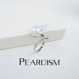 【Shop】PEARLISM Baroque Pearl Ring Freshwater Baroque Pearl Adjustable AFBR001 Hypoallergenic Silver with CZ Accents for Everyday Wear-AFBR001