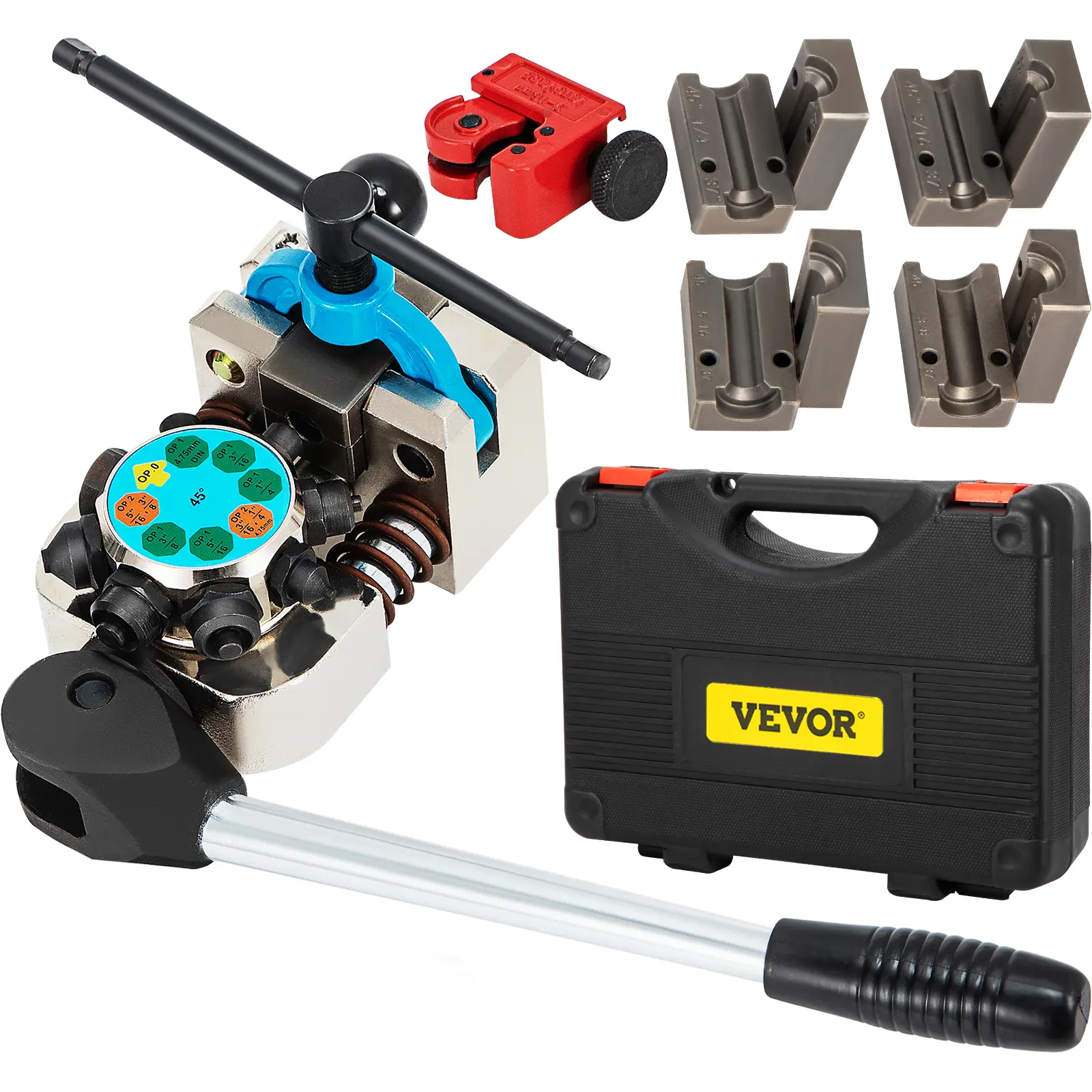 【Summerfinds】VEVOR Turret Die Set Hand Tool Brake Line Flaring Tool - 45-Degree Single, Double, Bubble Flares for Multi-Sizes Tubes (3/16", 1/4", 5/16", 3/8"), Suitable for Soft Metals, Includes Pipe Cutter
