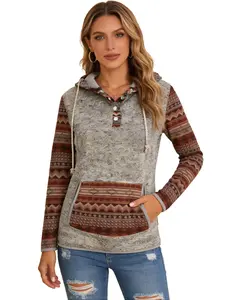 Women's Western Ethnic Style Hoodie Sweatshirt with Geometric Patterns Soft Elastic Half Button Long Sleeved Sport Shirt for All Seasons