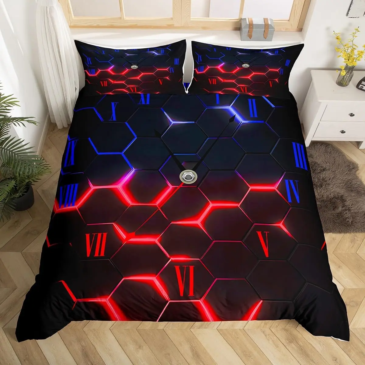 3D Honeycomb Duvet Cover Set,Red and Blue Neon Light Hexagon Geometric Comforter Cover Bedroom,Abstract Art Polyester Soft Bedding Set,(No Comforter)