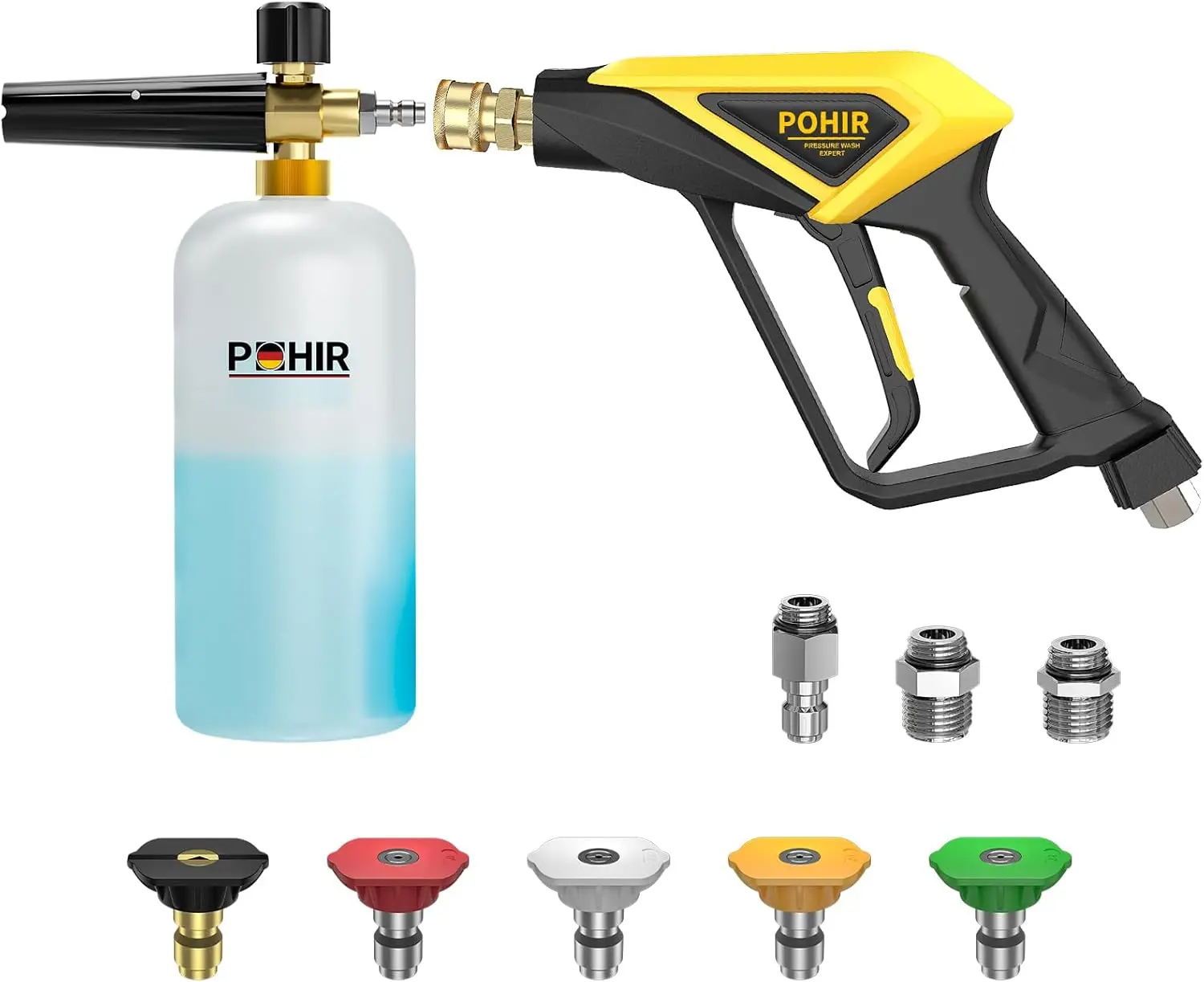 POHIR High Pressure Handheld Short Pressure Washer Car Wash Kit - Quick Connect Kit, 4500 PSI Foam Sprayer Pump, 1/4 in Quick Connector, 5 Nozzle Tips, 1L Leakproof Brass Core Water Spray Tool, 60℃/140℉, 7 GPM