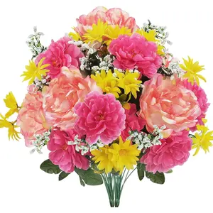 2Bundles   Bouquet 18.5'' Peonies Hibiscus Artificial  Peach  Silk Flower Arrangements for Tropical Outdoor Gravesites Hawaiian Fall Wedding Grave Porch Coral Decor