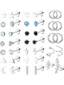Steel Stud Earrings Set - Women & Men's Small CZ Heart Star Moon Flat Back Earrings - Hypoallergenic 20G Tiny Cartilage Stud Hoops Helix Tragus Daith Piercing Jewelry