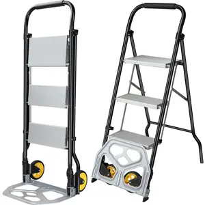 AIRAJ Household 2 and 3-step ladder, folding herringbone ladder, portable trolley with rollers, pull goods decoration transfer ladder