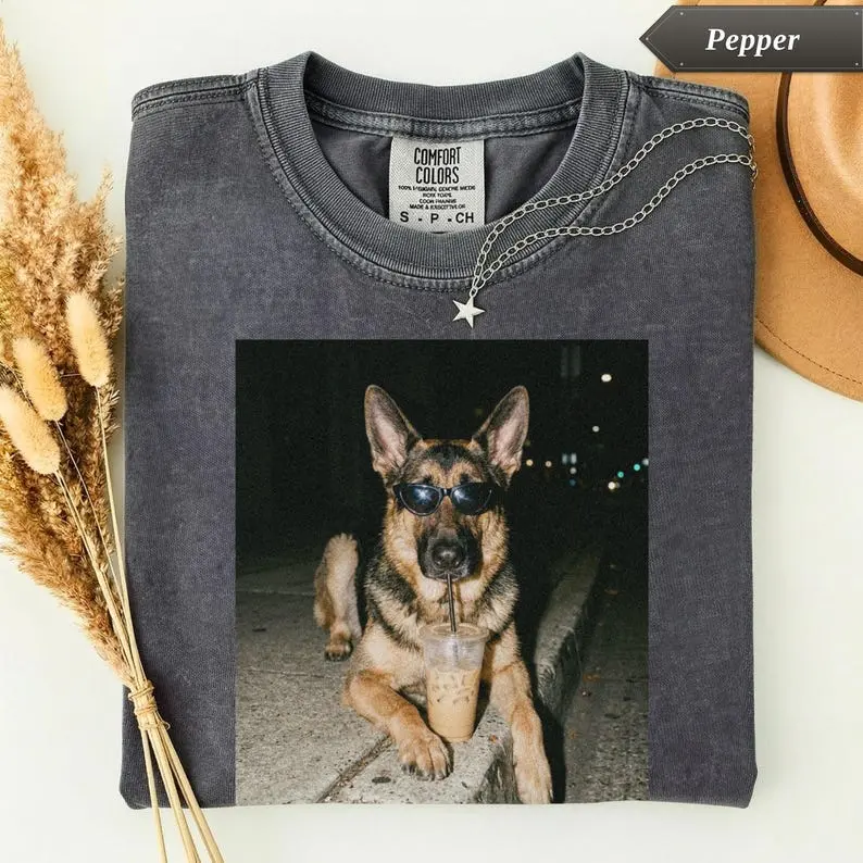 Comfort Colors German Shepherd Drinking Iced Coffee TShirt, Dog Meme Graphic Tee, Funny Pet Lover Gift, Trendy Animal Tee, Sarcastic Quote