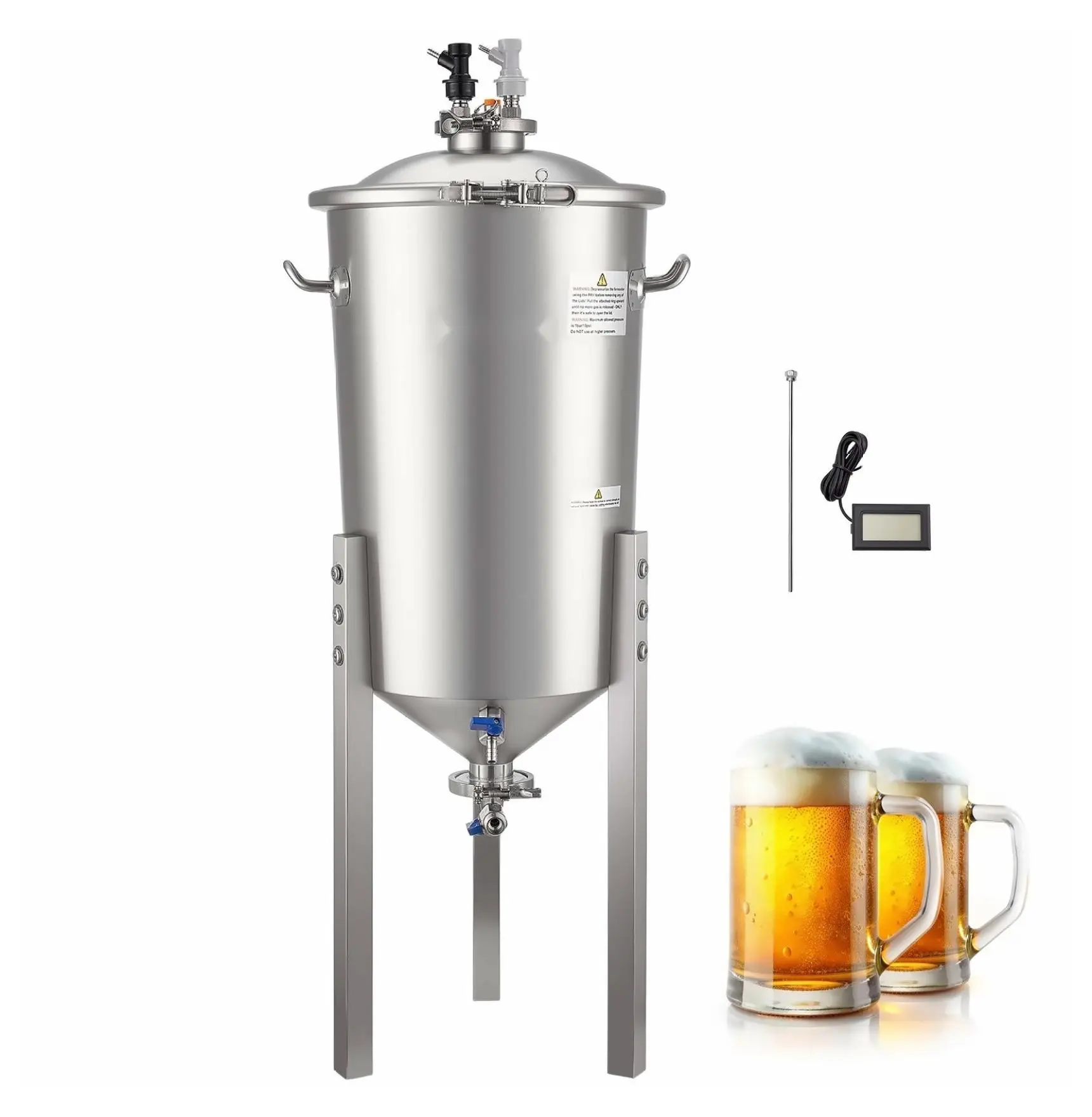 Pressure Fermenter 30L/8 Gal, Stainless Steel Conical Fermenter, 15 PSI Brewing Kit for Wine & Beer, Secondary Fermentation Bucket with Thermometer Default