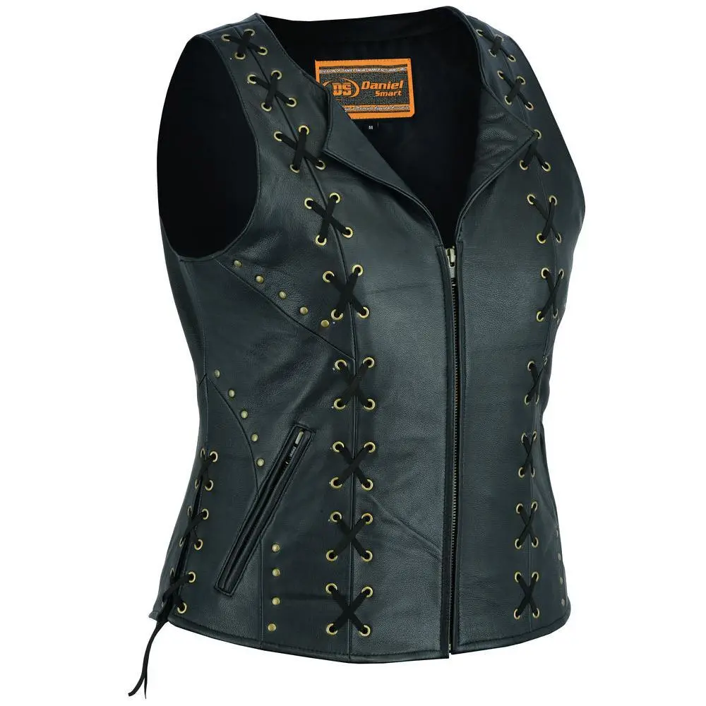 DANIEL SMART Zyra™ Women's Biker Style Moto Vest, Ultra-Soft Drum Dyed Naked Goat Skin Leather, Open Neck, Studs, Lacing & Conceal Carry Pocket, Black, XS-5XL, Biker Style Vests, Moto Vests