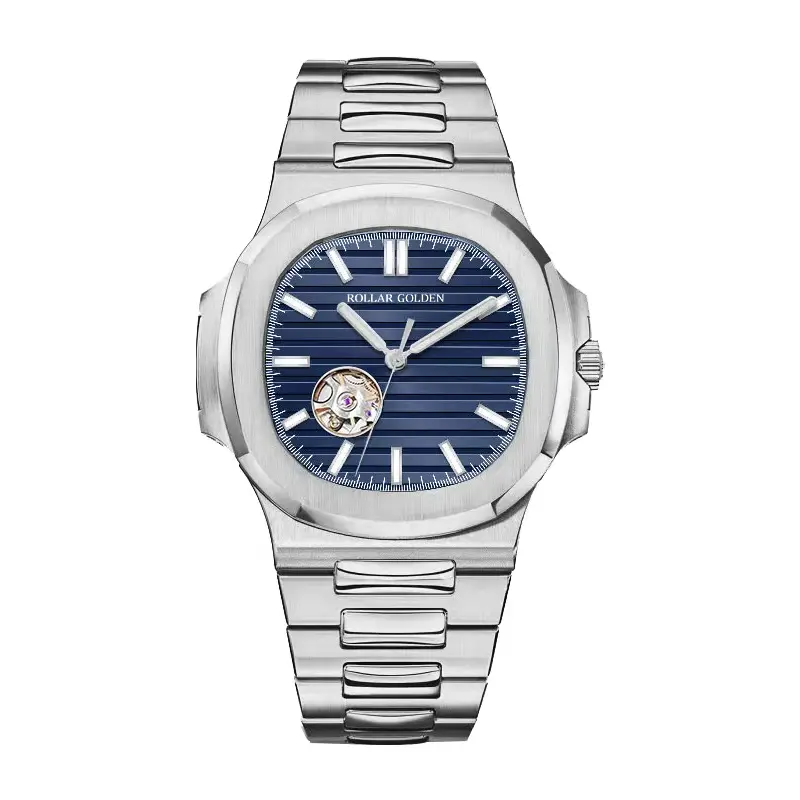 Golden Roller Male Mechanical Wristwatch - Silver Stainless Steel Band, Elegant Blue Dial, Battery-Free Classic Design, Business Fashion Watch, Fashionable Stylish Watch, Perfect Gift for Men