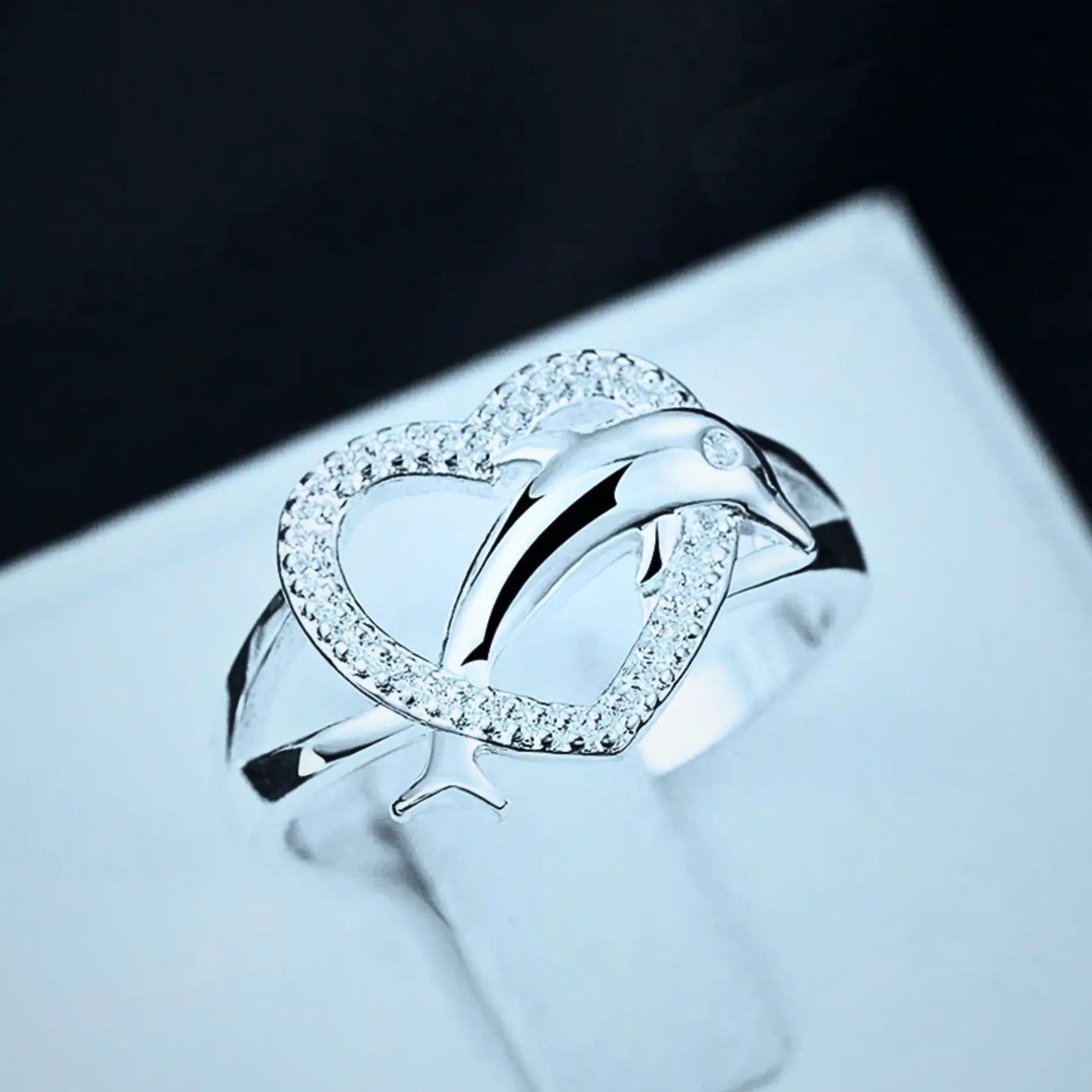 925 Silver Plated Dolphin Ring – Heart Love Ring for Women, Couple Wedding Jewelry Gift