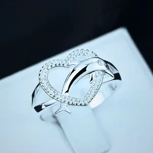 925 Silver Plated Dolphin Ring – Heart Love Ring for Women, Couple Wedding Jewelry Gift