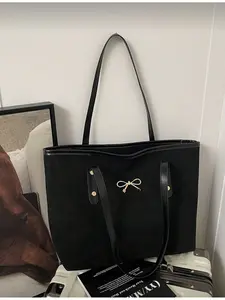 Women New Fashion Fluffy Bag Large Capacity Single Shoulder Bag with Zipper Closure Metal Bowknot Double Handle Handbag Black for Young Ladies Commuting Shopping Travel Casual Business Commuter Tote Bag Puffy Tote Bag Stylish Tote Bag