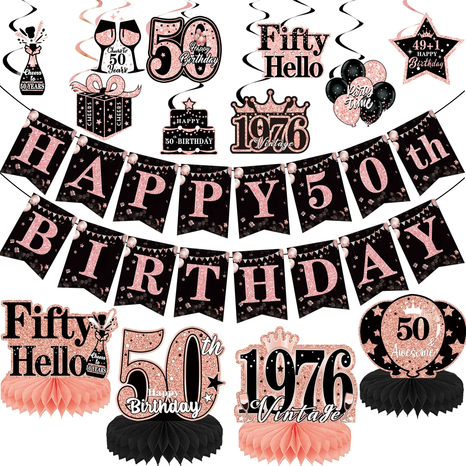 15Pcs 50th Birthday Decorations Set with Banner Honeycomb Centerpieces, Hanging Swirls, Rose Gold 50th Party Decorations, Cheers to Fifty-Year-Old Birthday Party, 50 Years Old Table Party Supplies, Birthday Celebration, Birthday Party Sets Party Pack