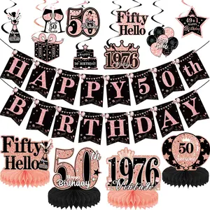 15Pcs 50th Birthday Decorations with Banner Honeycomb Centerpieces, Hanging Swirls, Rose Gold 50th Party Decorations, Cheers to Fifty-Year-Old Birthday Party, 50 Years Old Table Party Supplies