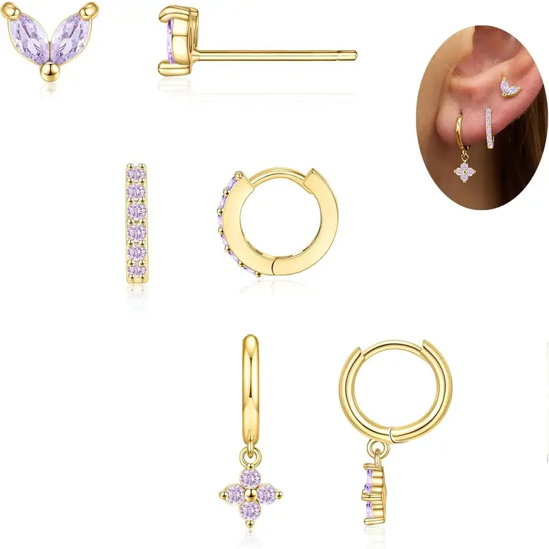 3 Pairs Gold Earrings for Women, Butterfly Stud Huggie Hoop & Flower Dangle Earrings with Purple CZ, Dainty Multiple Piercing Jewelry Set