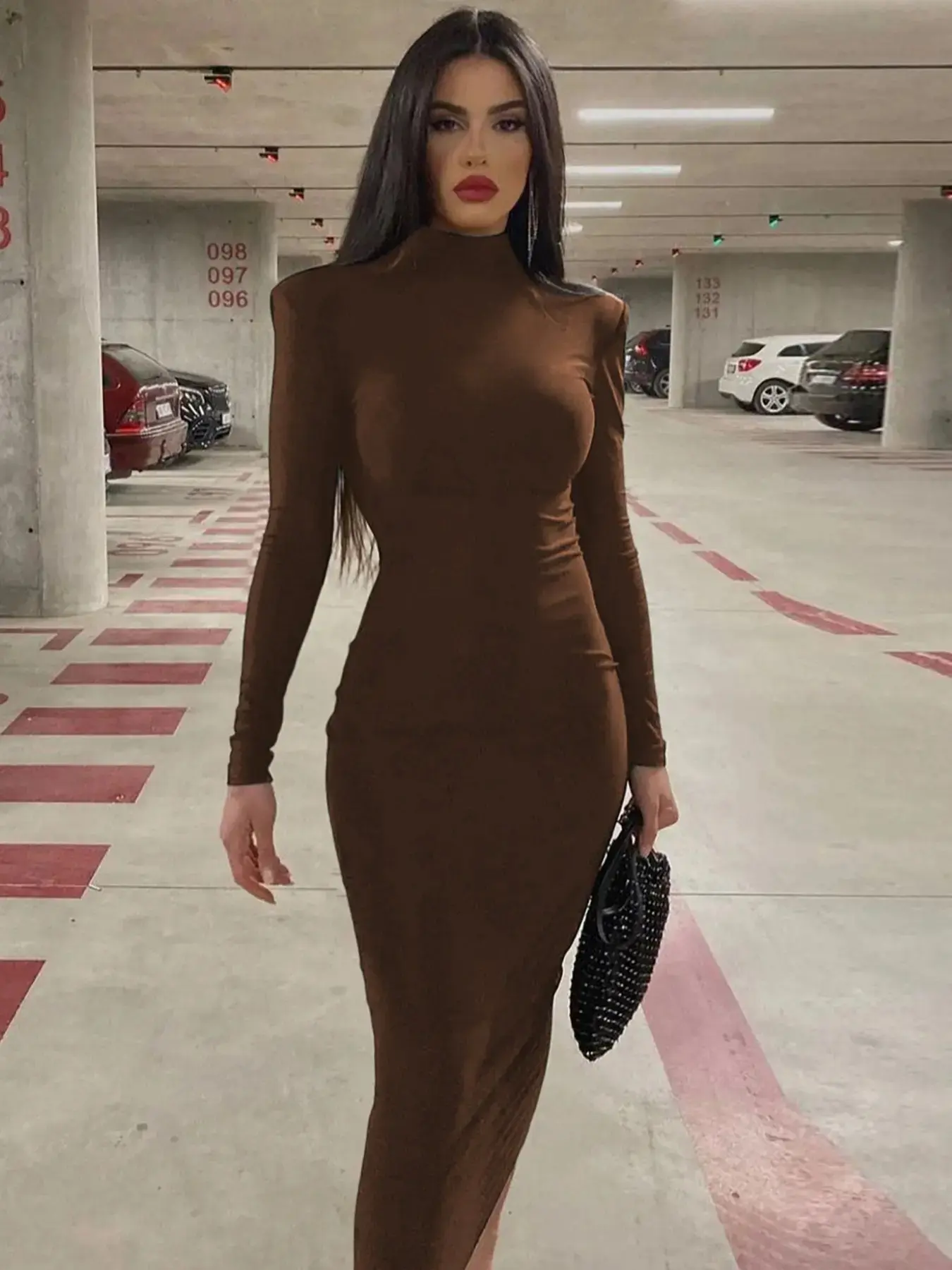 Women's Plain High Neck Padded Shoulder Long Sleeve Slim Fit Dress, Elegant Fit Dress, Elegant Formal Wear, Bodycon Fit Dress, Solid Midi Dress for Spring & Fall Winter Fashion, Ladies Party Club Date Evening Gown Formal Dress, Black Midi Dresses