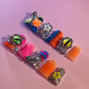 Y2032-28-10 Pcs Handmade Duck Nails Electric Punk Piercing｜Blue-Orange Stars & Chains｜Coachella Bomb